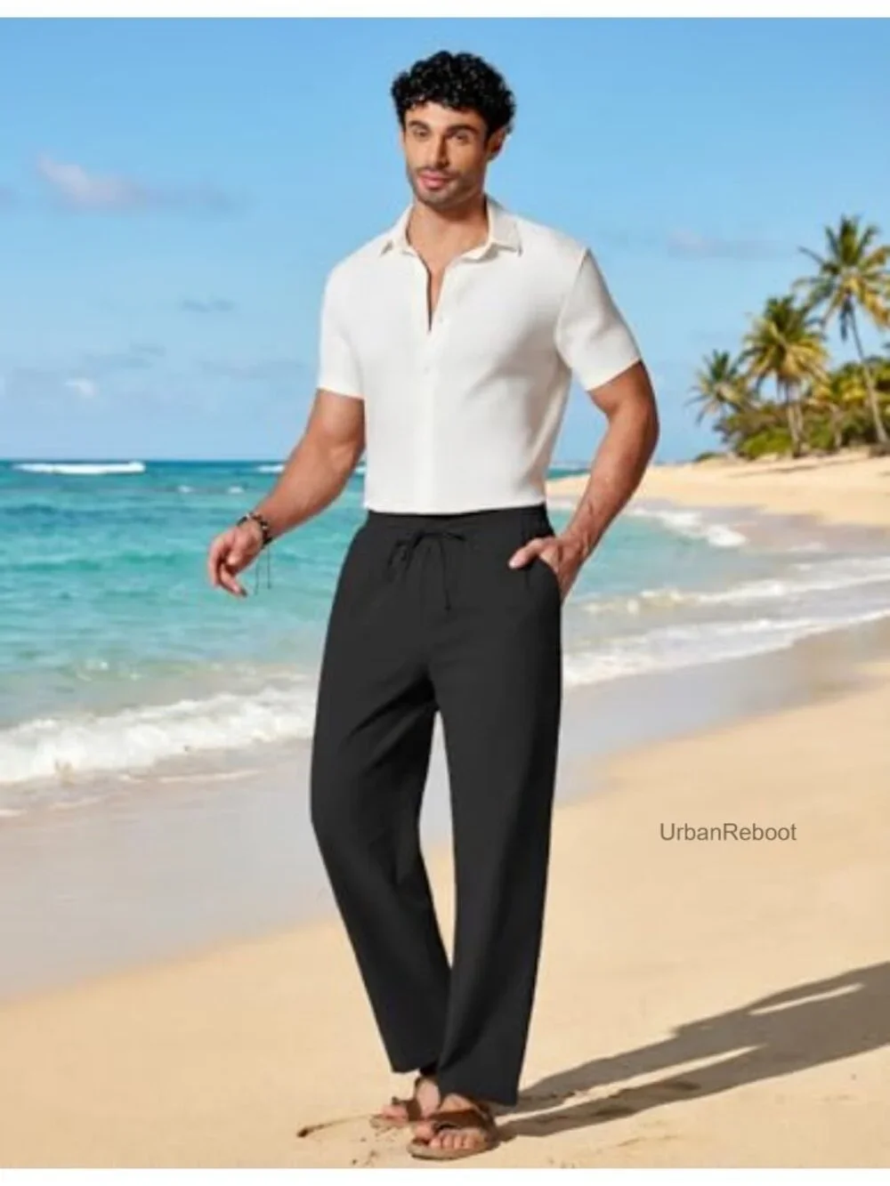Men's Cotton Linen Drawstring Pants Lightweight Casual Summer Beach Trousers